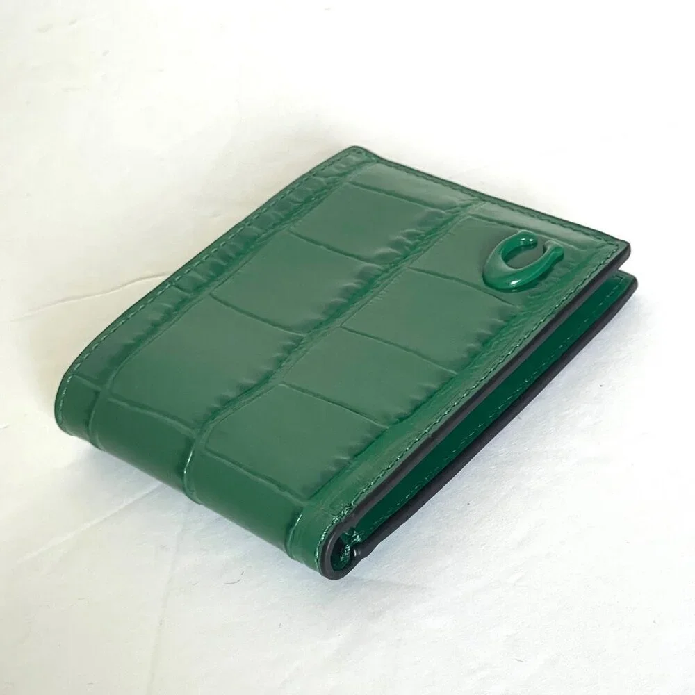 Coach Mens Slim Billfold Wallet Green Croc Embossed Leather